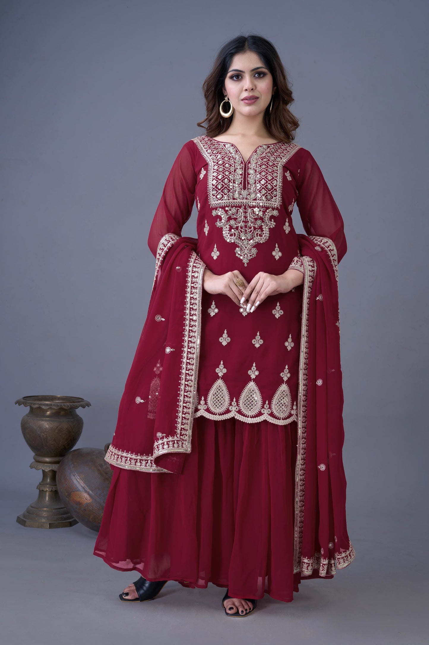 Maroon Embroidered Georgette Readymade Suit