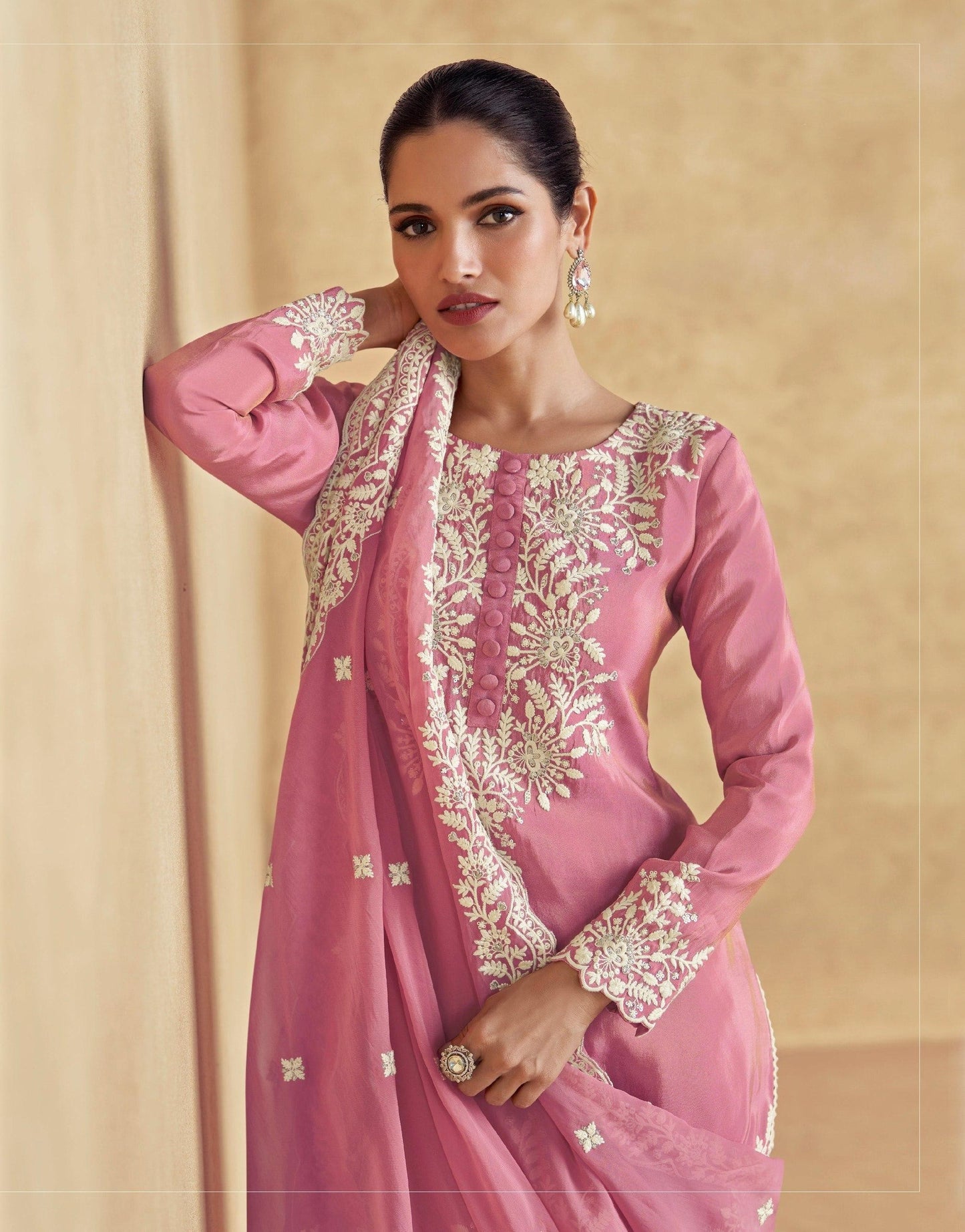 Onion Pink Embroidered Silk Blend Readymade Suit