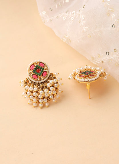 Stud Earrings with Pearls and Multicolour Stones