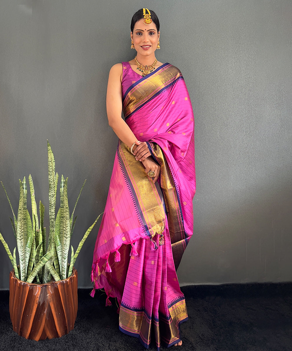 Magenta & Navy Blue Cotton Silk Saree
