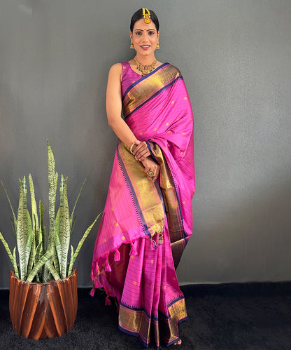 Magenta & Navy Blue Cotton Silk Saree