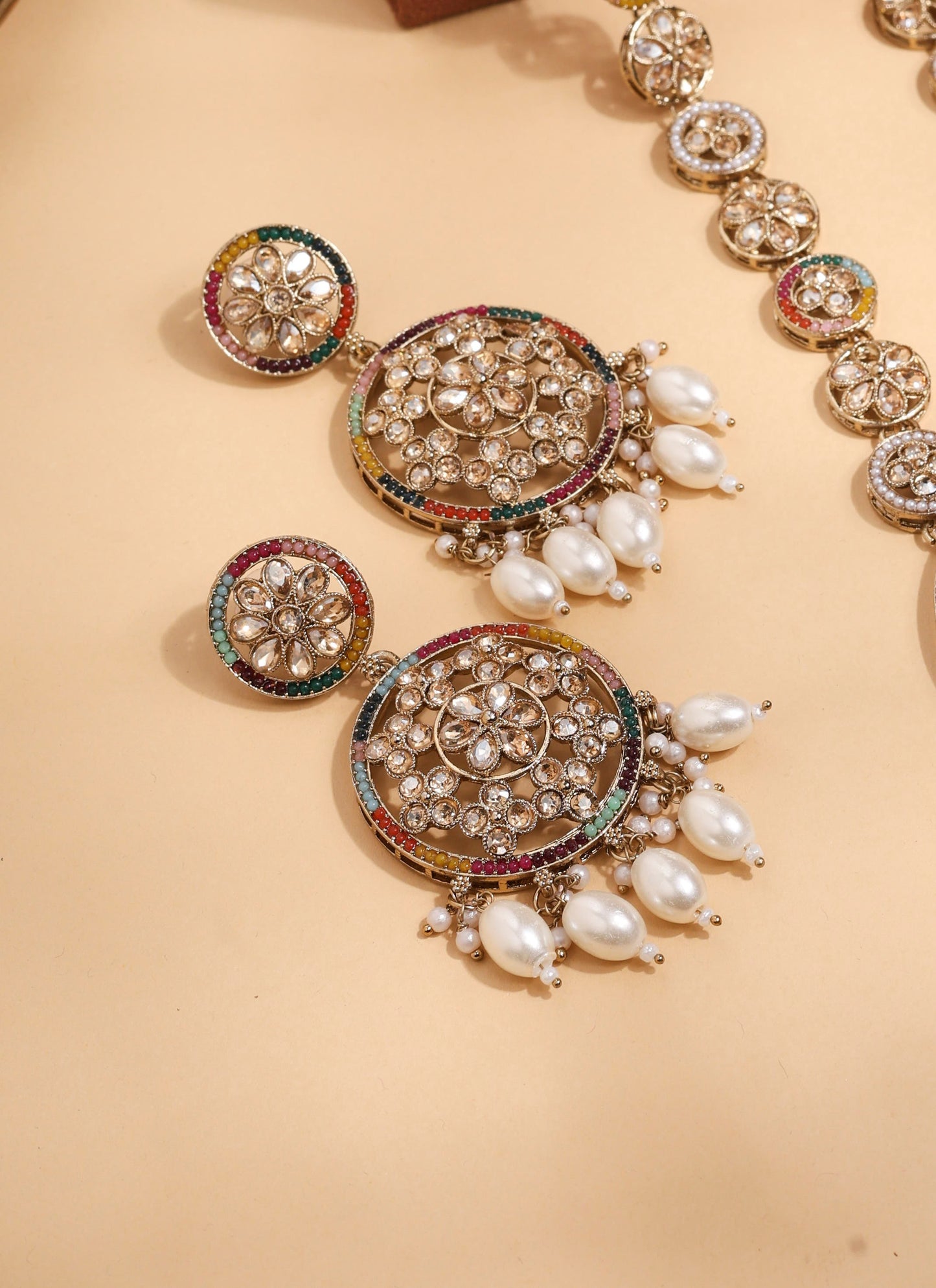 Antique Gold Necklace with Multicolour Stones and Matching Earrings