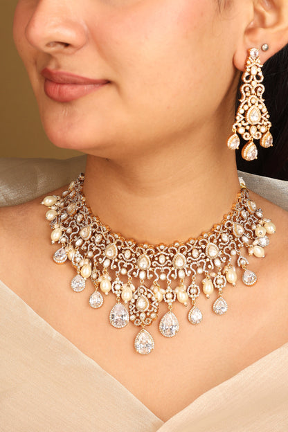 American Diamond Necklace Set with Pearl Accents