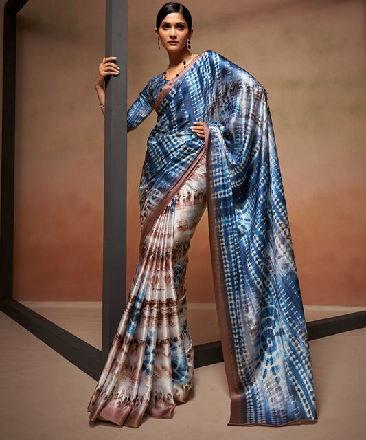 Blue and Beige Shibori Satin Saree