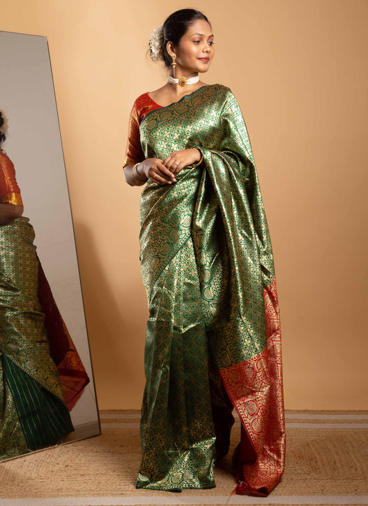 Green and Red Zari Woven Saree with Floral Motifs