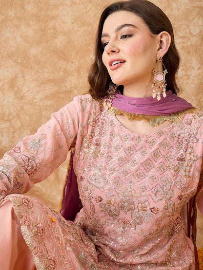 Semi Stitched Pakistani Suit in Peach Georgette