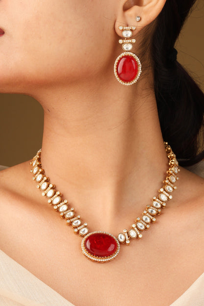 Kundan Necklace with Red Stone Pendant