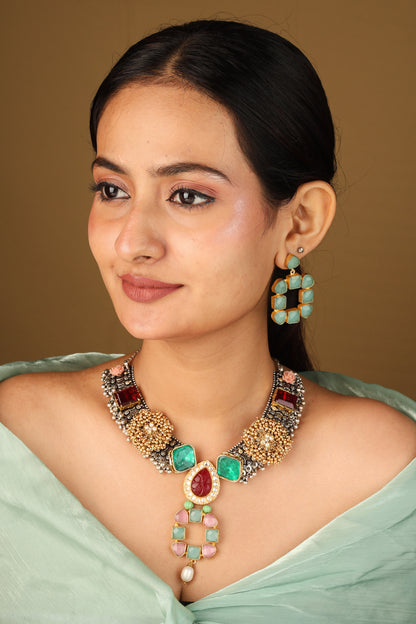 Traditional Jhumki Necklace with Red Stones Rose Pendant and Mint Green Earrings