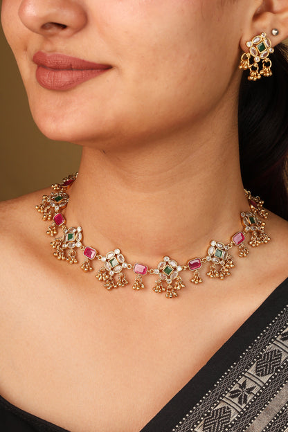 Elegant Red Stone Necklace with Curved Detailing and Matching Earrings