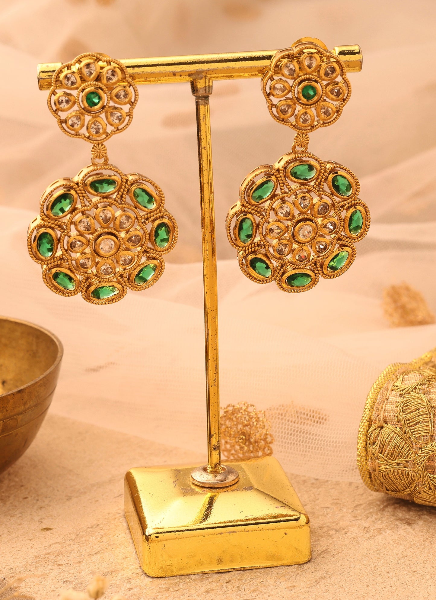 Gold Plated Earrings with Green Stone