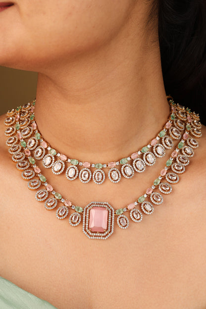 Two Layer Bridal Necklace with Light Pink Stone Pendant