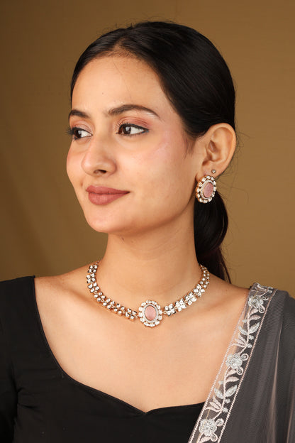 Gold Plated Flower Pendant Necklace with Pastel Pink Stone and Matching Earrings