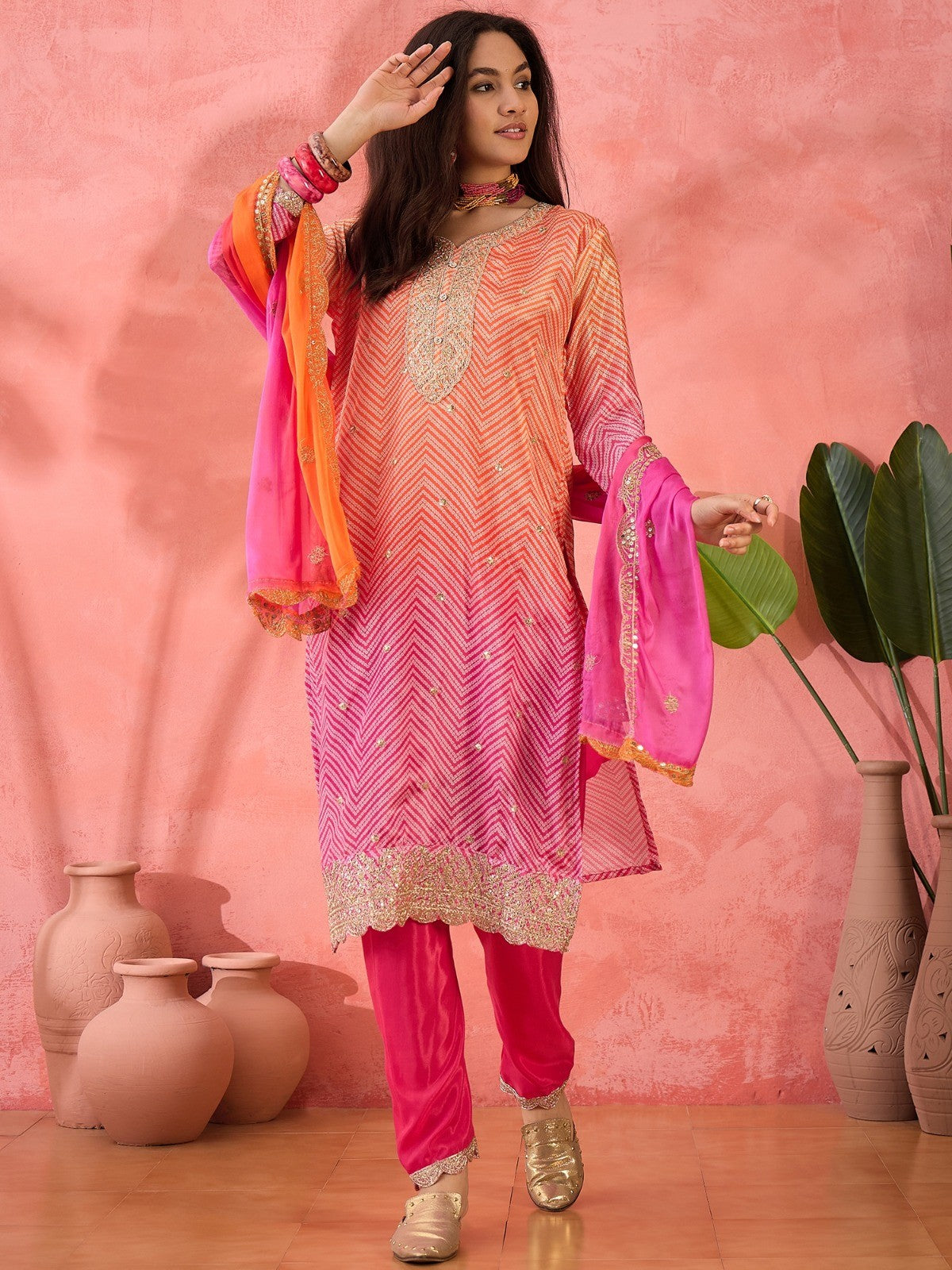 Multicolor Roman Silk Kurta with Bottom & Dupatta