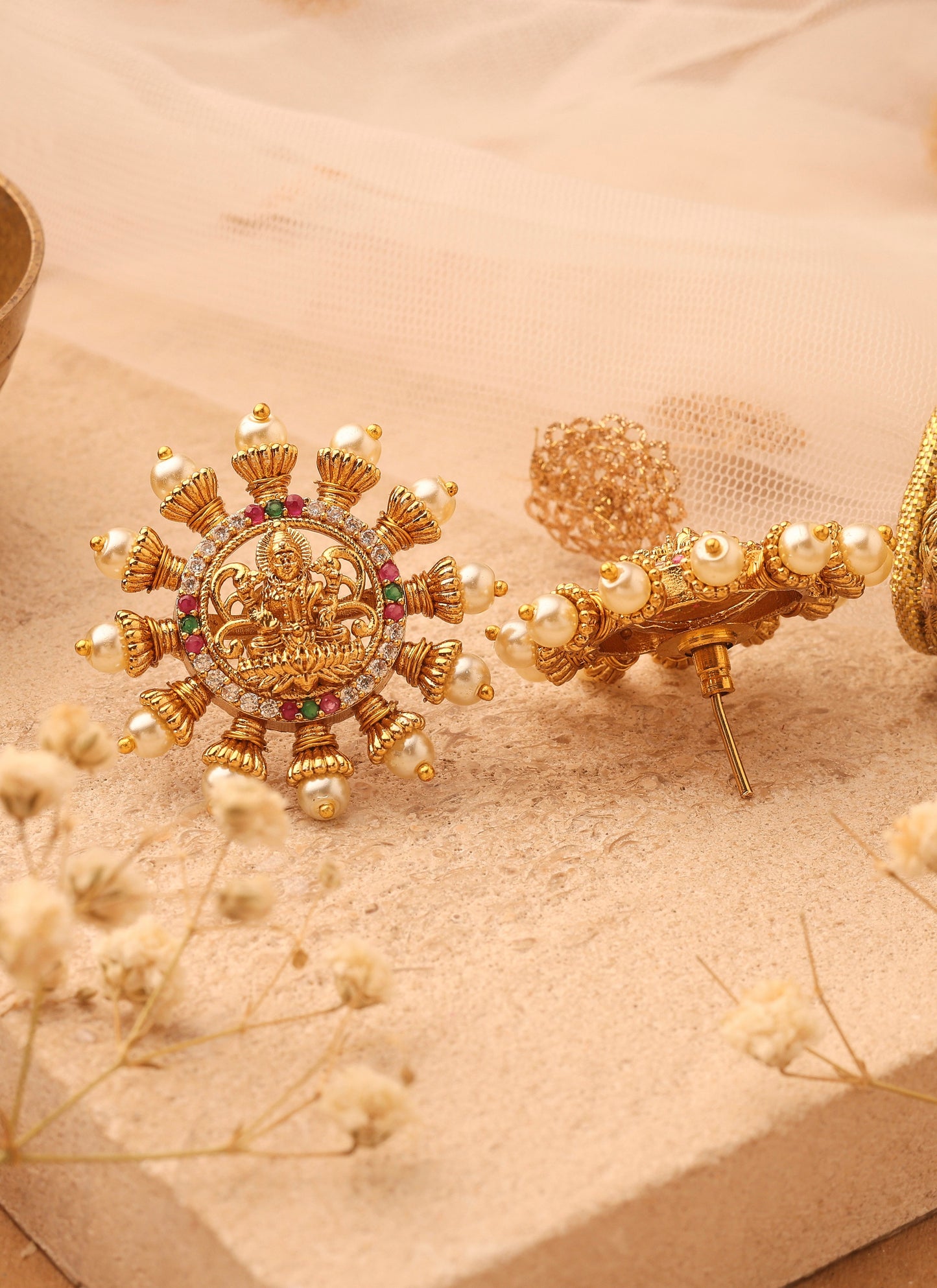 Gold Stud Earrings with Laxmi Motif