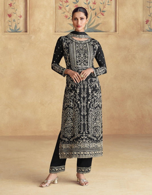 Black Embroidered Silk Blend Readymade Suit