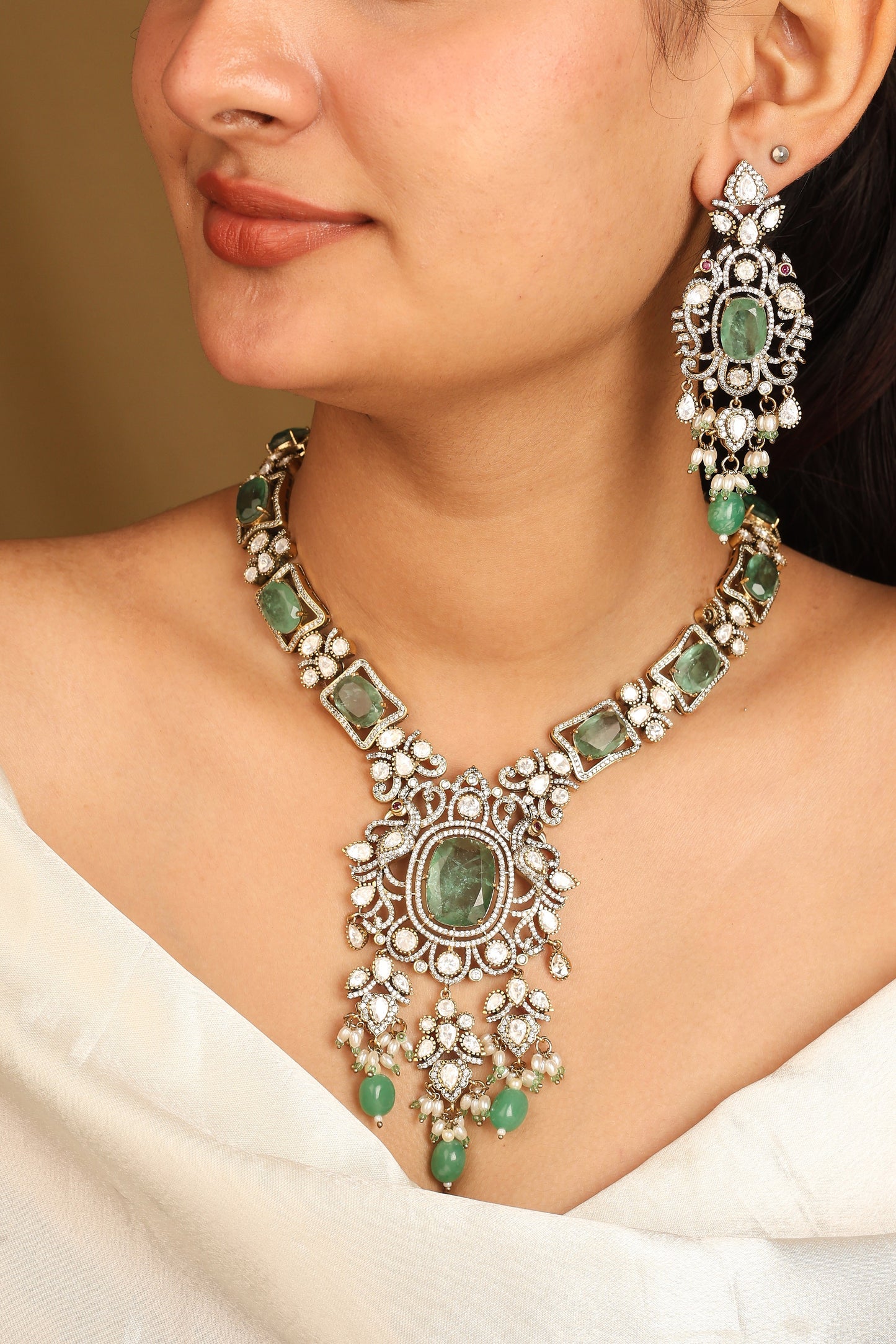 American Diamond Necklace Set with Emeralds