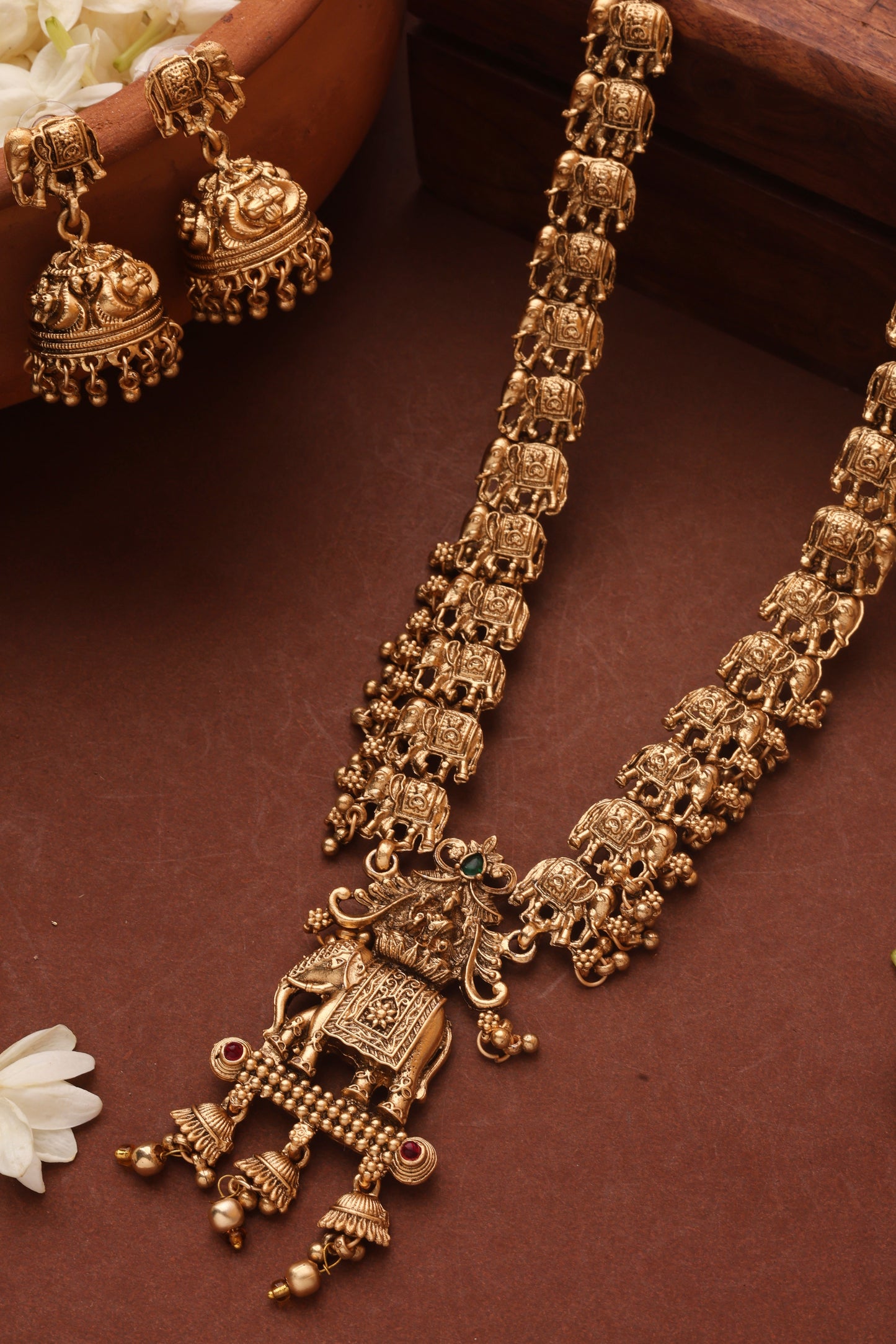 Gold Plated Long Necklace Set with Elephant Motif Pendant