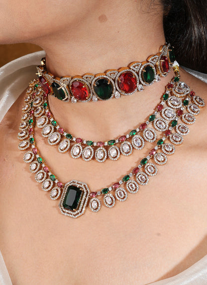 American Stone Choker and Two Layer Necklace Set in Red and Green