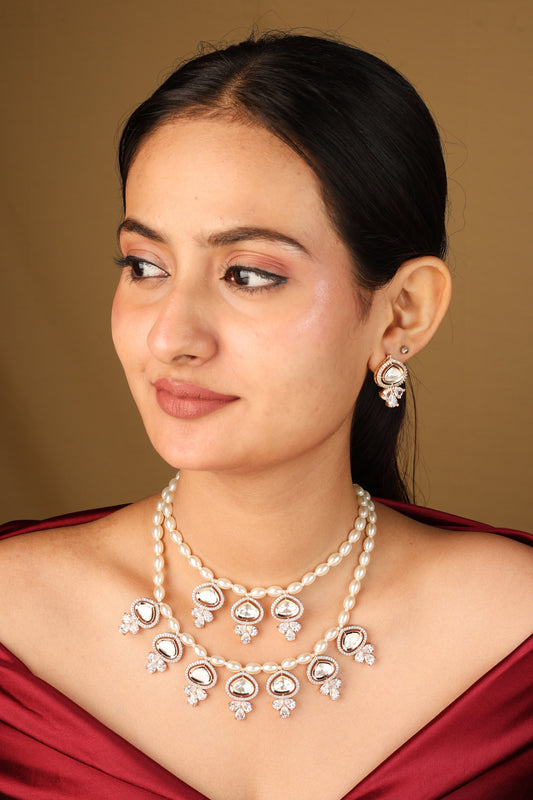 Two Layer Pearl Necklace with Kundan Stone Pendant