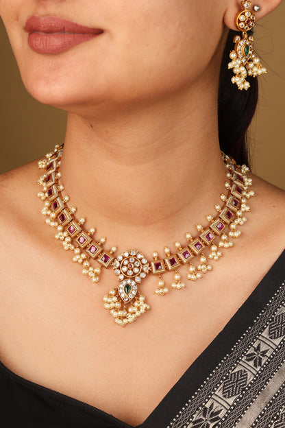 Exquisite Gold Plated Guttapusalu Necklace with Stone Embellishments