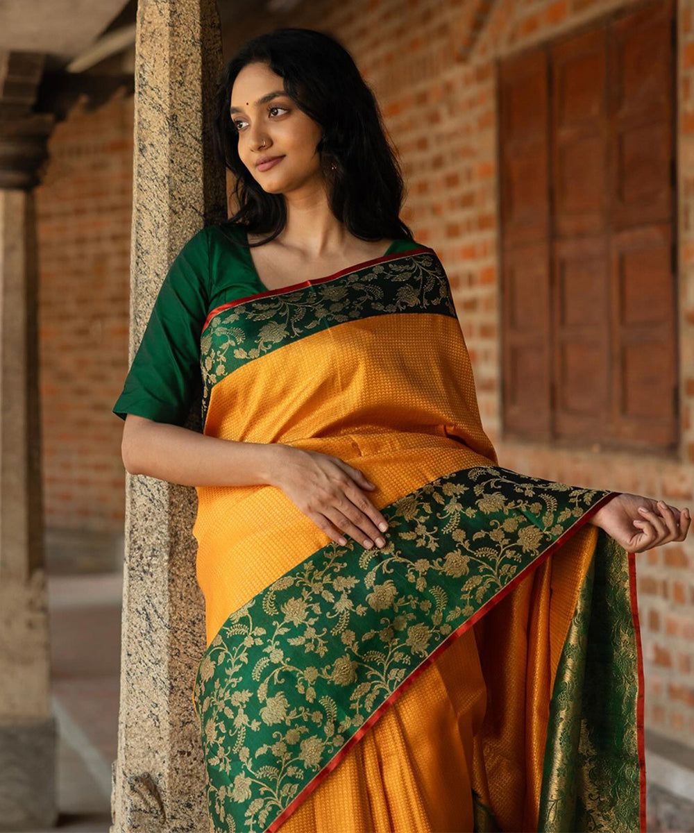 Yellow Flower Lichi Art Silk Saree
