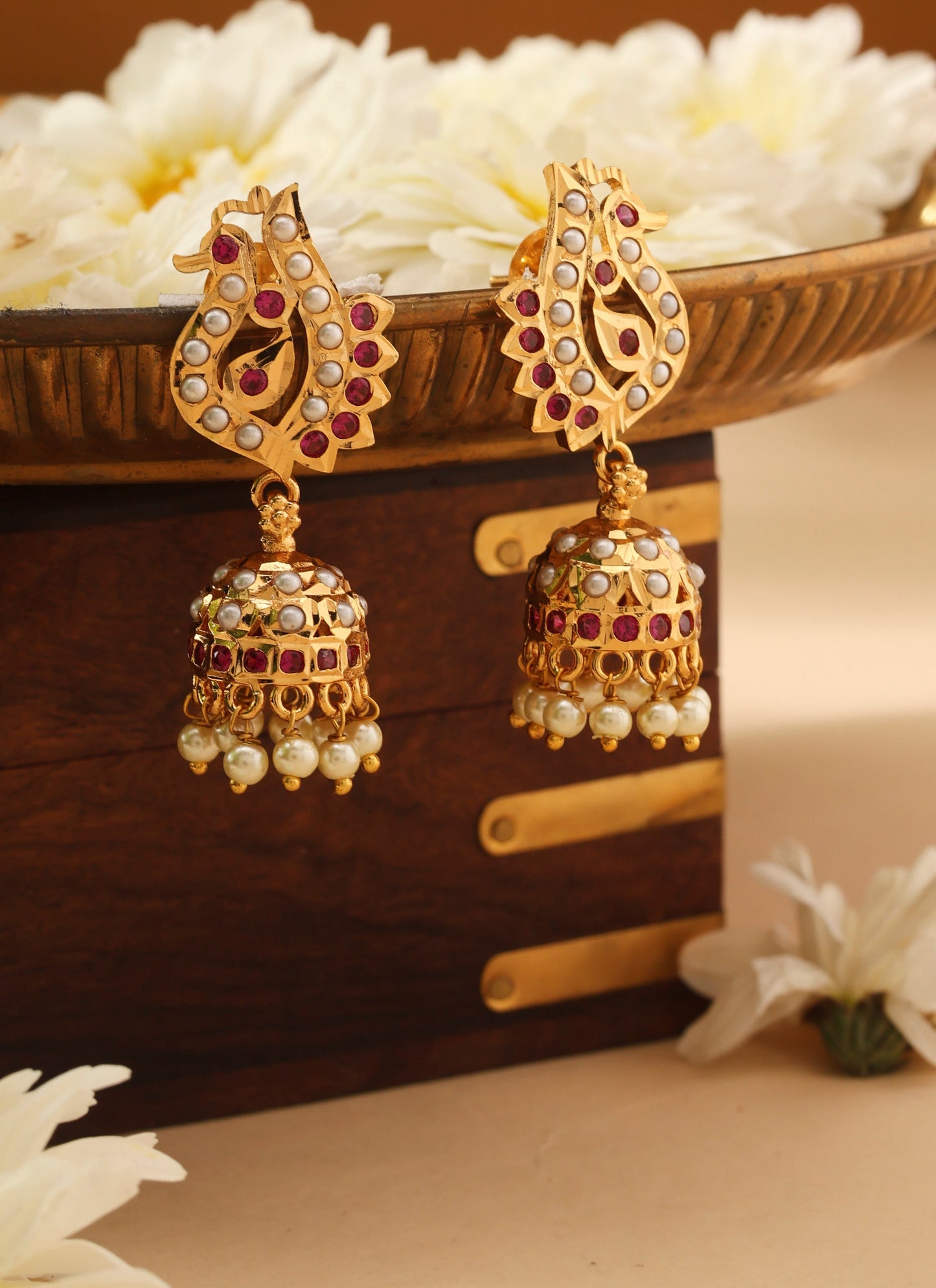 Gold Jhumkas with White and Pink Stone Accents