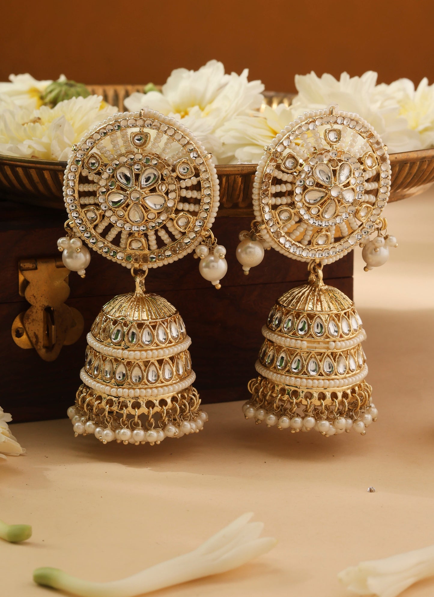 Kundan Jhumkas with White Beads and Gold Detailing