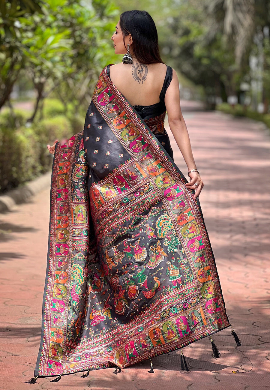 Jade Black Multicolor Traditional Printed Kashmiri Silk Saree