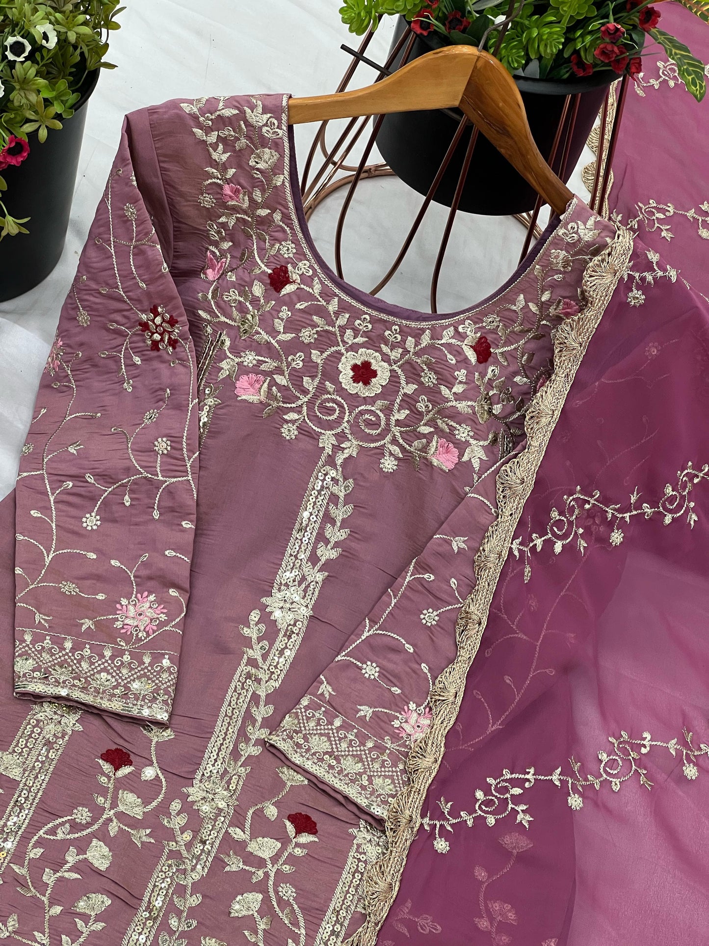 Onion Pink Sequins Shimmer Readymade Suit