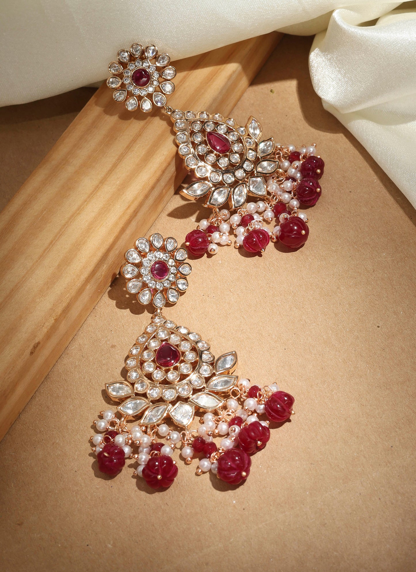 Kundan Chandbali Earrings with Maroon Drops