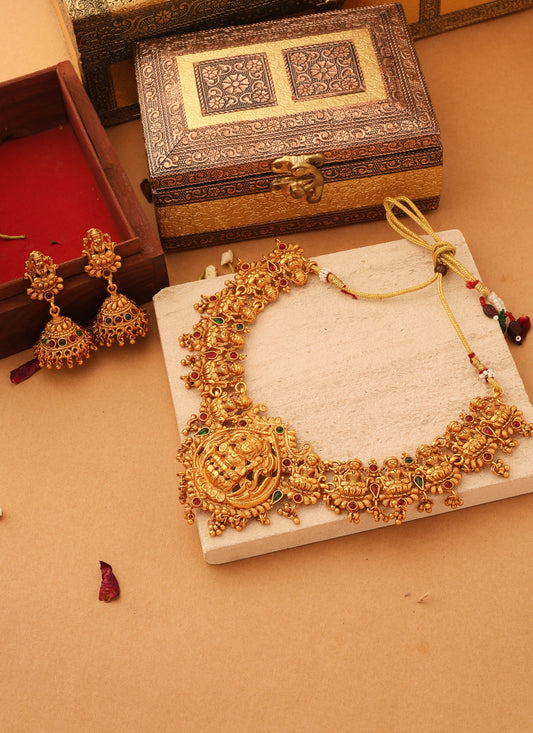 Gold Plated Temple Necklace Set with Goddess Motif