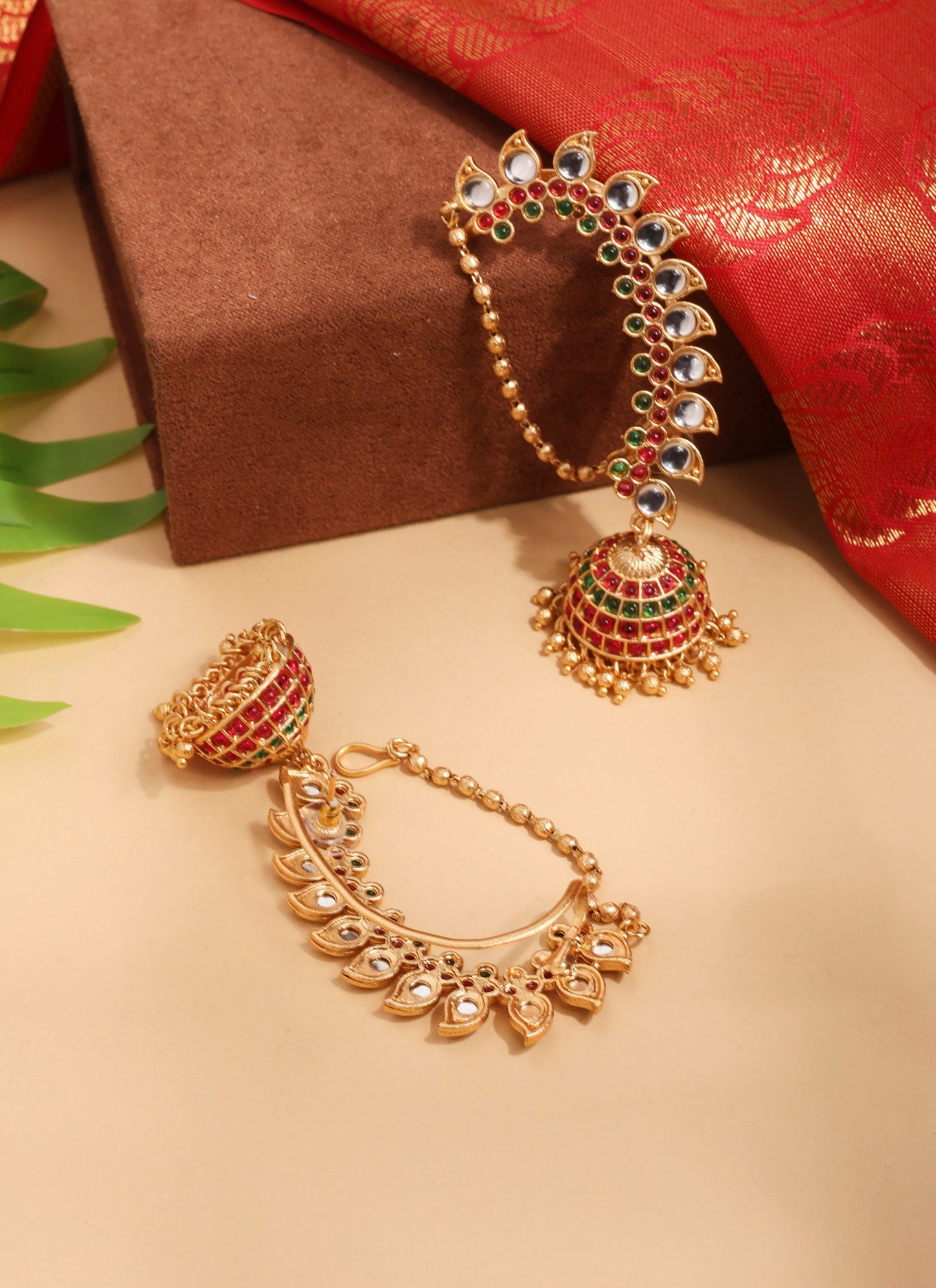 Gold Multicolour Earrings with Ear Chain