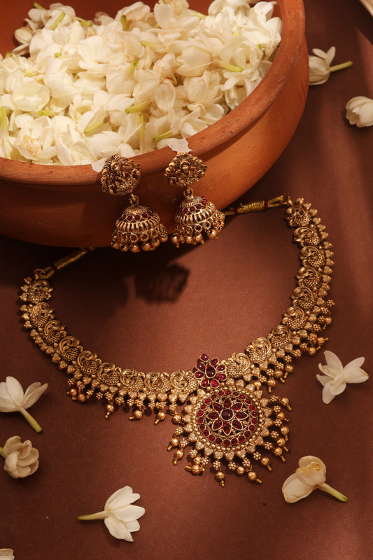 Gold Plated Temple Necklace Set with Peacock Motif