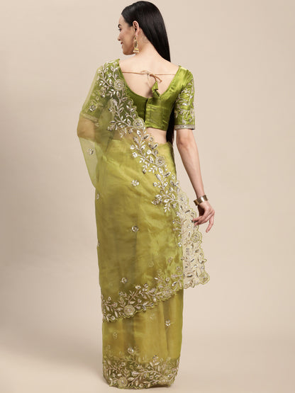 Mehendi Green Organza Embroidered Saree