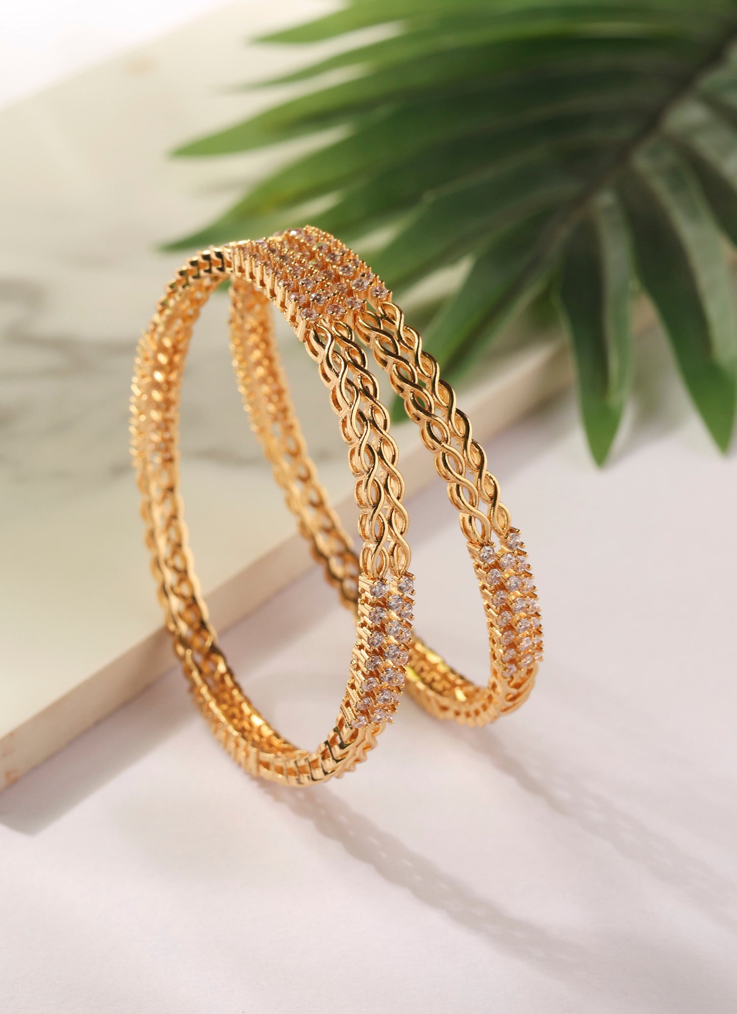 Gold Bangles with American Diamond Center Detailing - Set of two