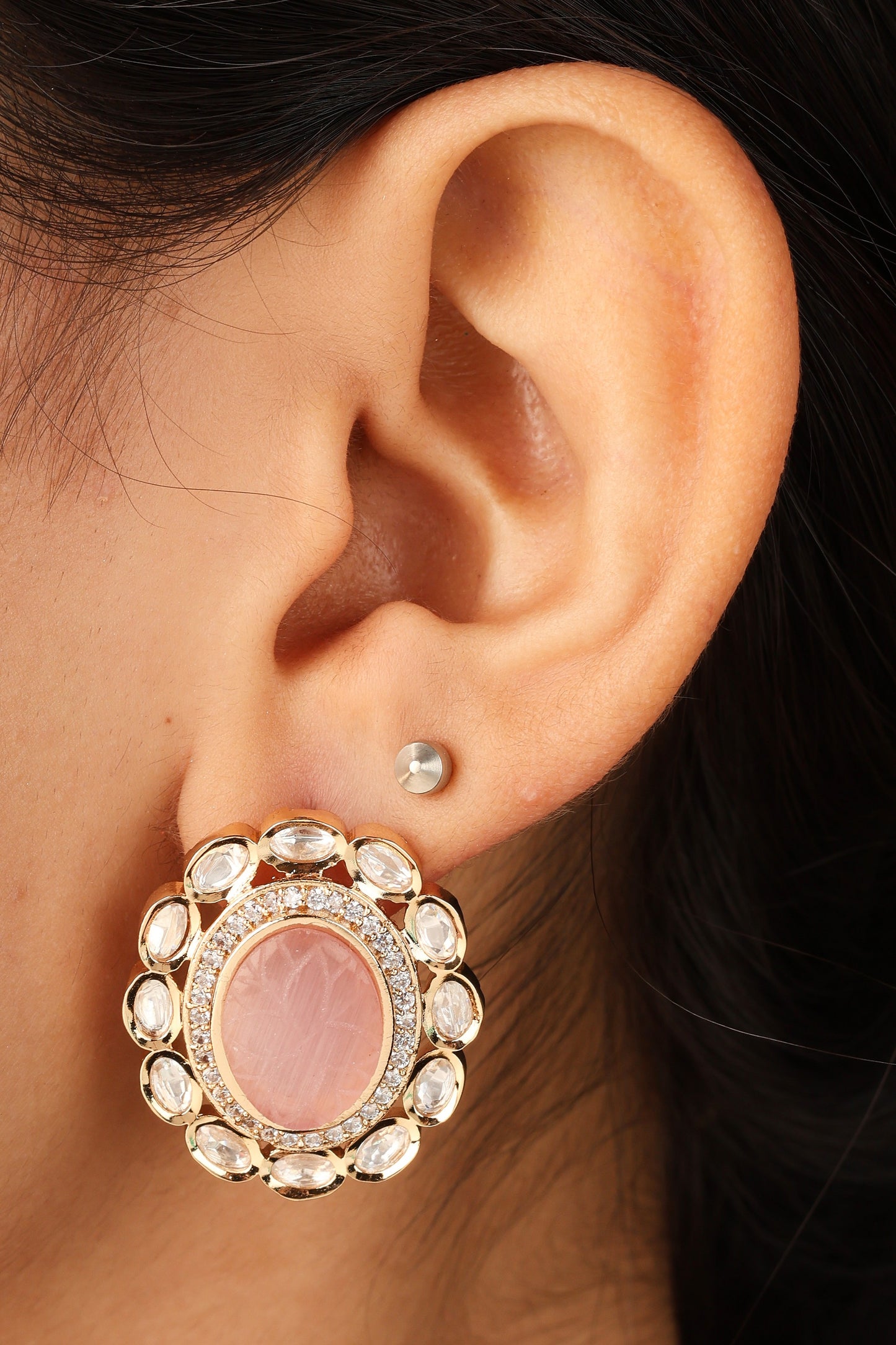 Gold Plated Flower Pendant Necklace with Pastel Pink Stone and Matching Earrings