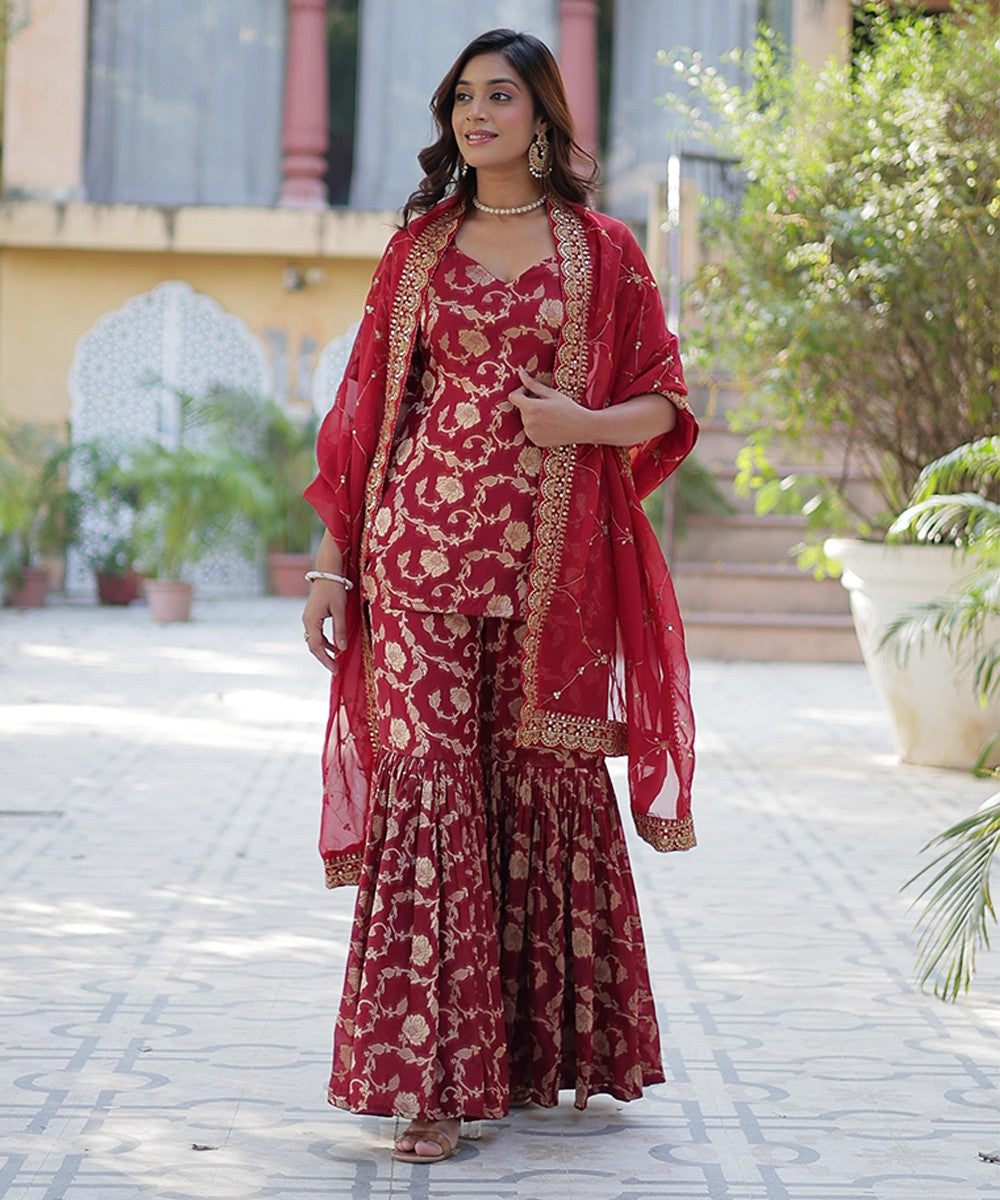 Red Jacquard Georgette Readymade Suit