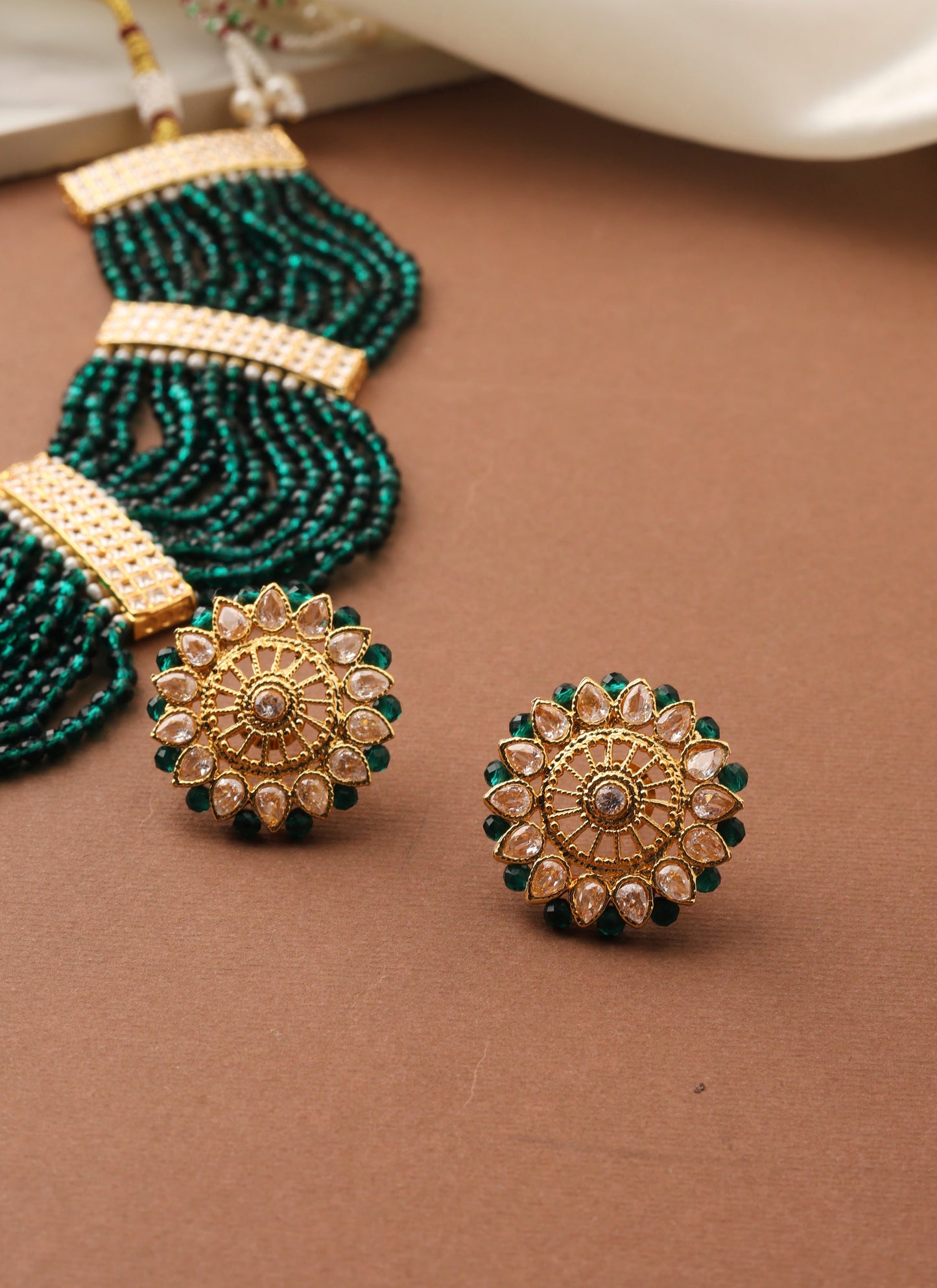 Green Beads Necklace Set with Gold Accents