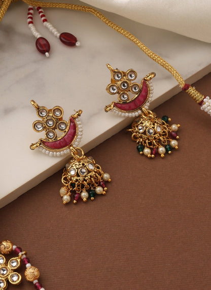 Gold Necklace Set with Red Moon Charms and Matching Earrings