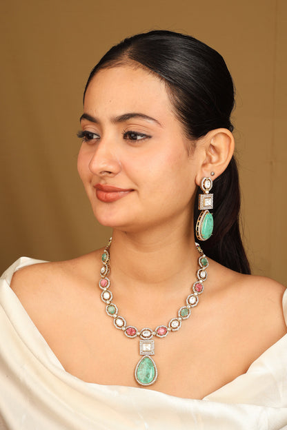 High Gold Necklace Set with Emerald Green and Ruby Stones