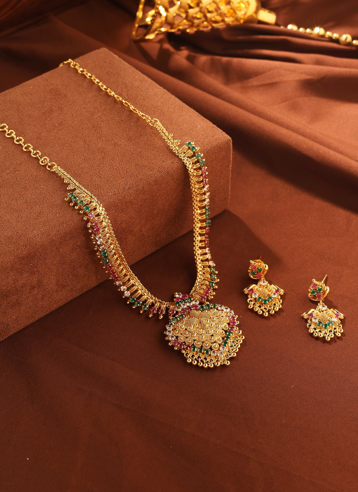 Gold Necklace with Multi Colour Stones and Center Pendant