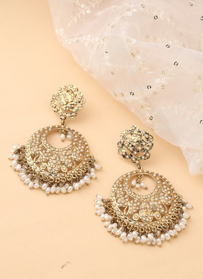 Gold Chandbali Earrings with White Stones and Pearls