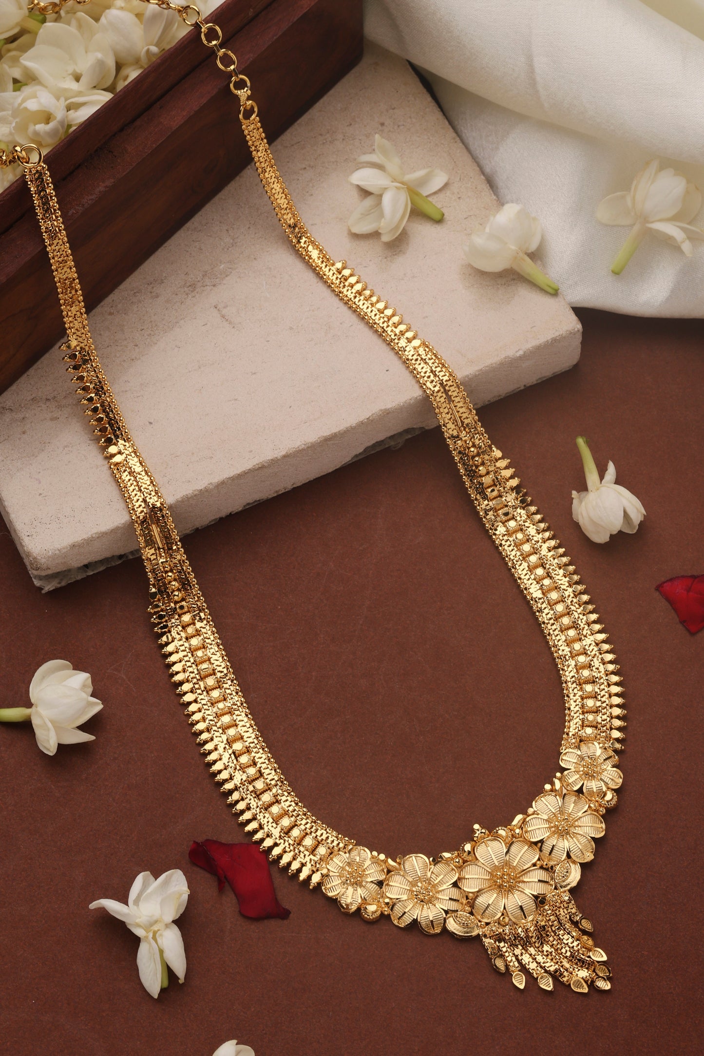 Gold Plated Long Necklace Set with Floral Designs