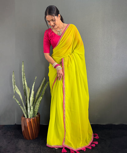 Neon Yellow Georgette Saree with Pink Border
