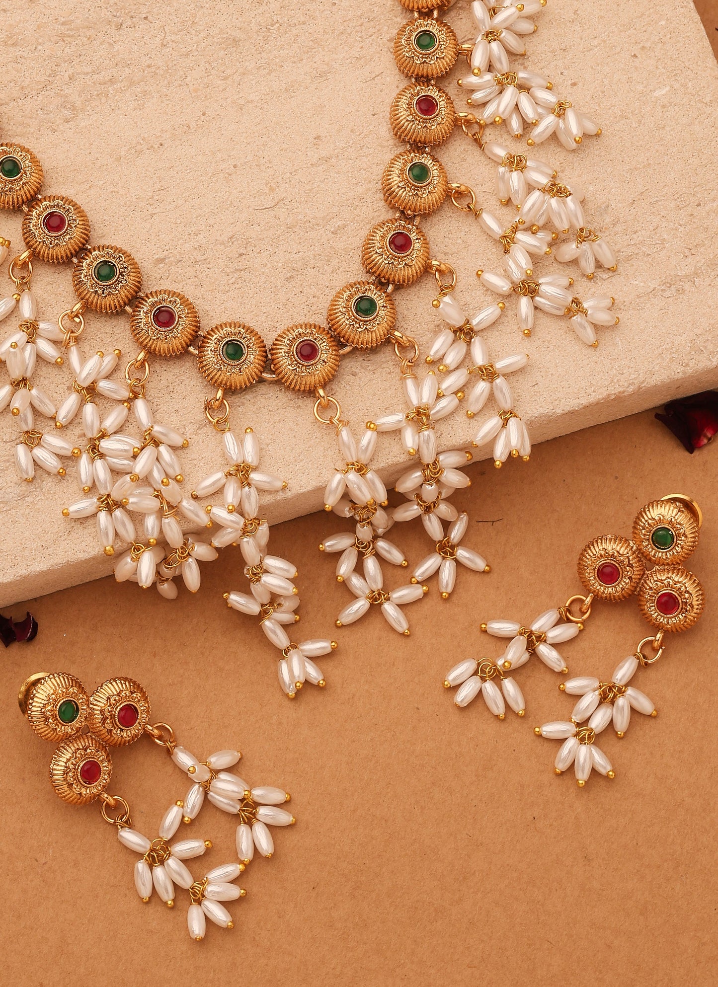 Gold Cup Necklace with Red Stones and White Oval Jhumkis