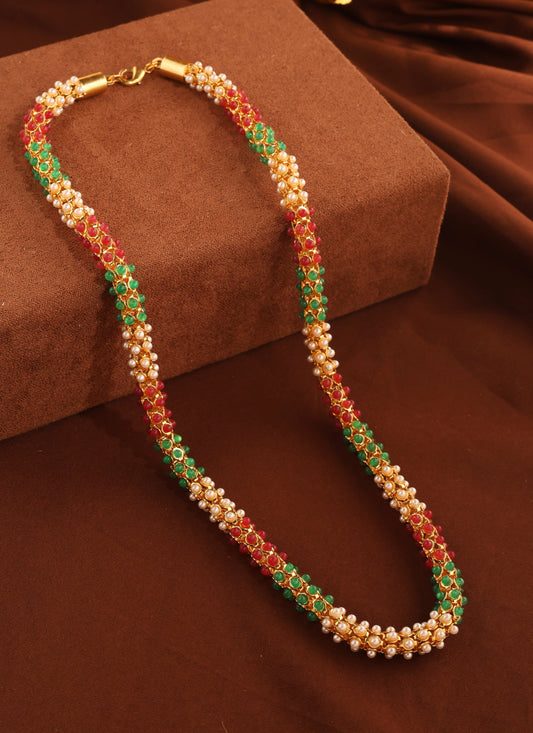 Elegant Pearl Ball Chain Necklace with Green and Red Pearls