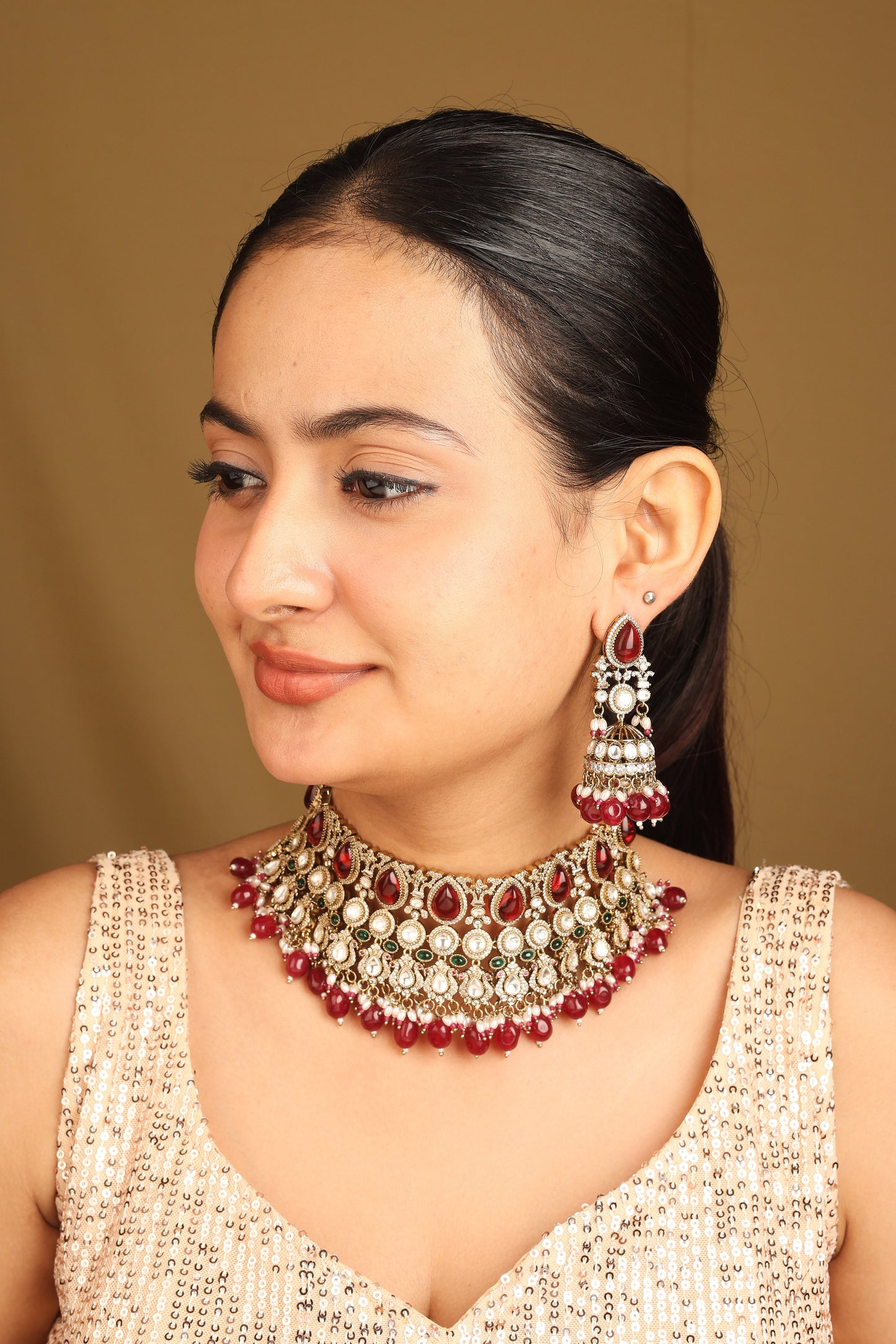 American Diamond High Neck Necklace Set with Red Stones