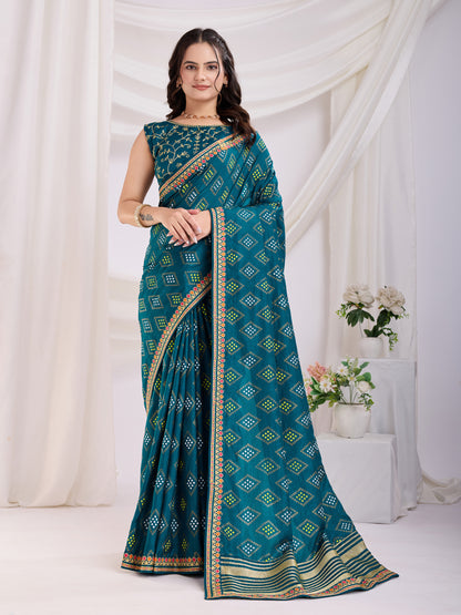 Teal Bandhej Print Embroidery Saree