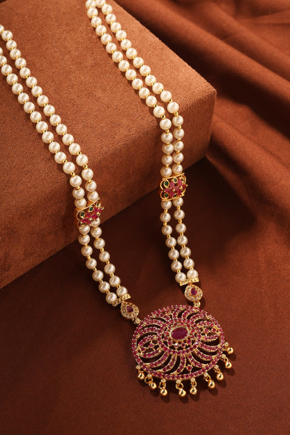 Pearl Necklace Set with Red Stone Pendant