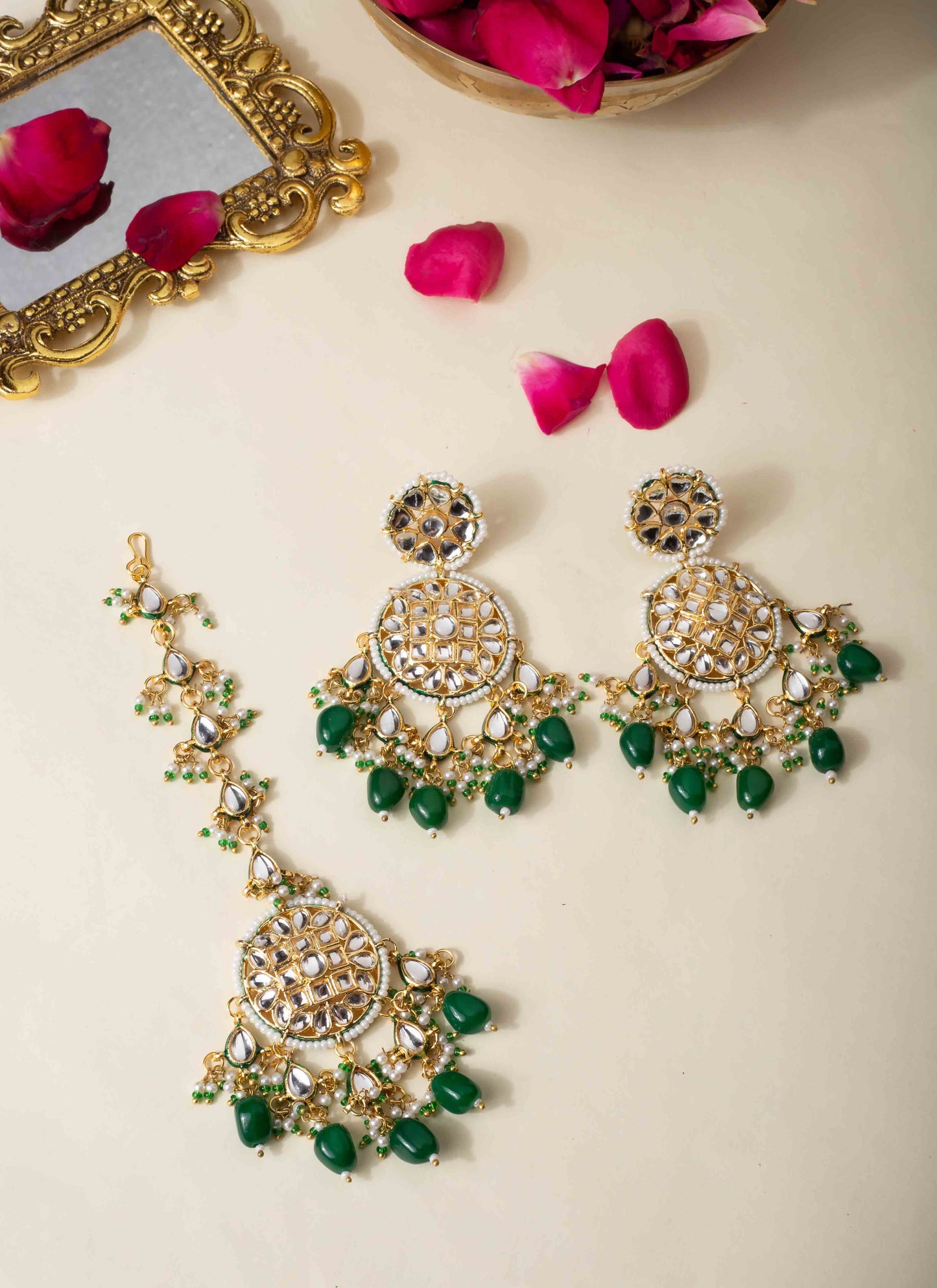 Kundan Pearl and Emerald Maang Tikka Earrings Set